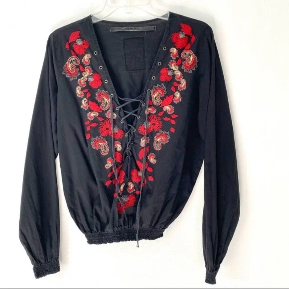 Da-Nang Boho Black Blouse w/Red Floral Embroidery